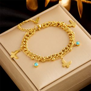 Stylish Stainless Steel Gold Plated Punk Double Layer Bracelet for Women - Snake Chain Luxury Jewelry for Parties