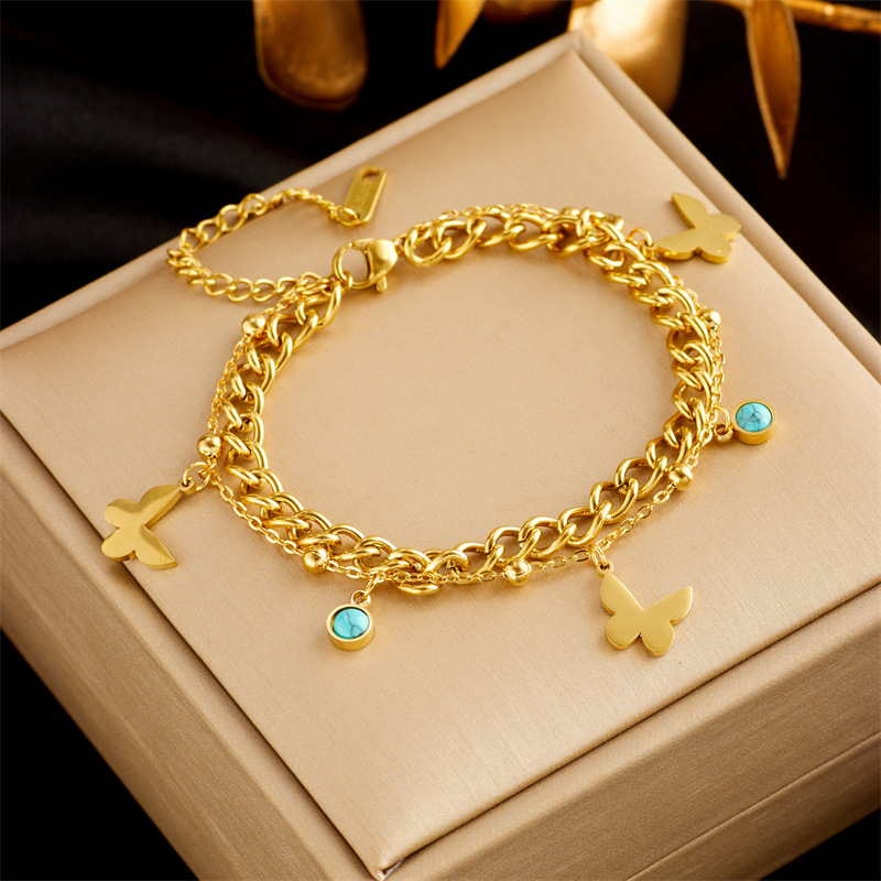 Stylish Stainless Steel Gold Plated Punk Double Layer Bracelet for Women - Snake Chain Luxury Jewelry for Parties
