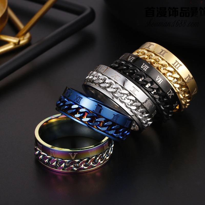 Stylish Roman Letter Rotatable Chain Rings for Men - High Quality Titanium Steel Spinner Ring & Multifunctional Bottle Opener Jewelry Gift for Couples - Image 4
