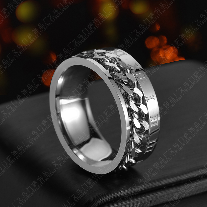 Stylish Roman Letter Rotatable Chain Rings for Men - High Quality Titanium Steel Spinner Ring & Multifunctional Bottle Opener Jewelry Gift for Couples - Image 6