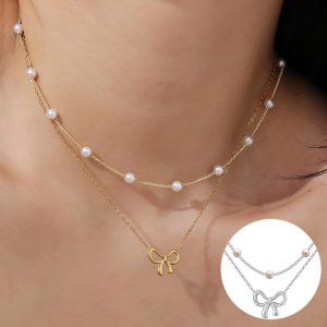 Elegant Double Layer Pearl Choker Necklace with Gold Color Chain & Bow Pendant - Perfect Jewelry Gifts for Women on Valentine's Day
