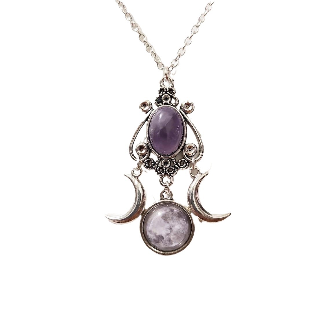 Triple Moon Goddess Amethyst Alloy Necklace - Enchanting Jewelry for Spiritual Styles - Image 2
