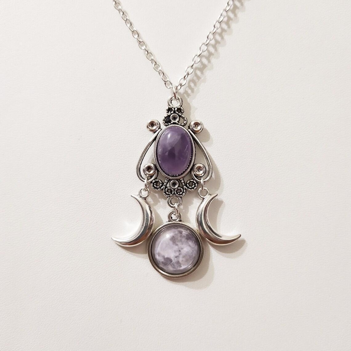 Triple Moon Goddess Amethyst Alloy Necklace - Enchanting Jewelry for Spiritual Styles - Image 4
