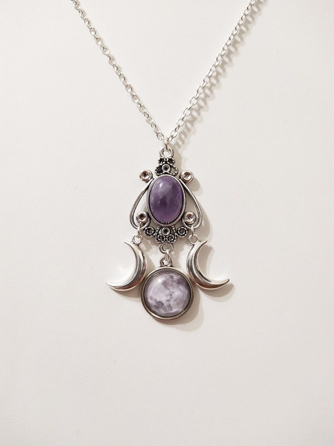 Triple Moon Goddess Amethyst Alloy Necklace - Enchanting Jewelry for Spiritual Styles - Image 10