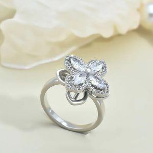 Stylish Rotatable Titanium Steel Four-Petal Flower Necklace with Zircon-Inlaid Ring Earrings for Women