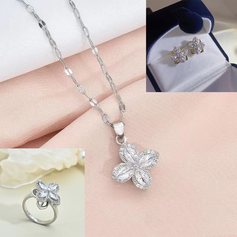 Stylish Rotatable Titanium Steel Four-Petal Flower Necklace with Zircon-Inlaid Ring Earrings for Women - Image 5