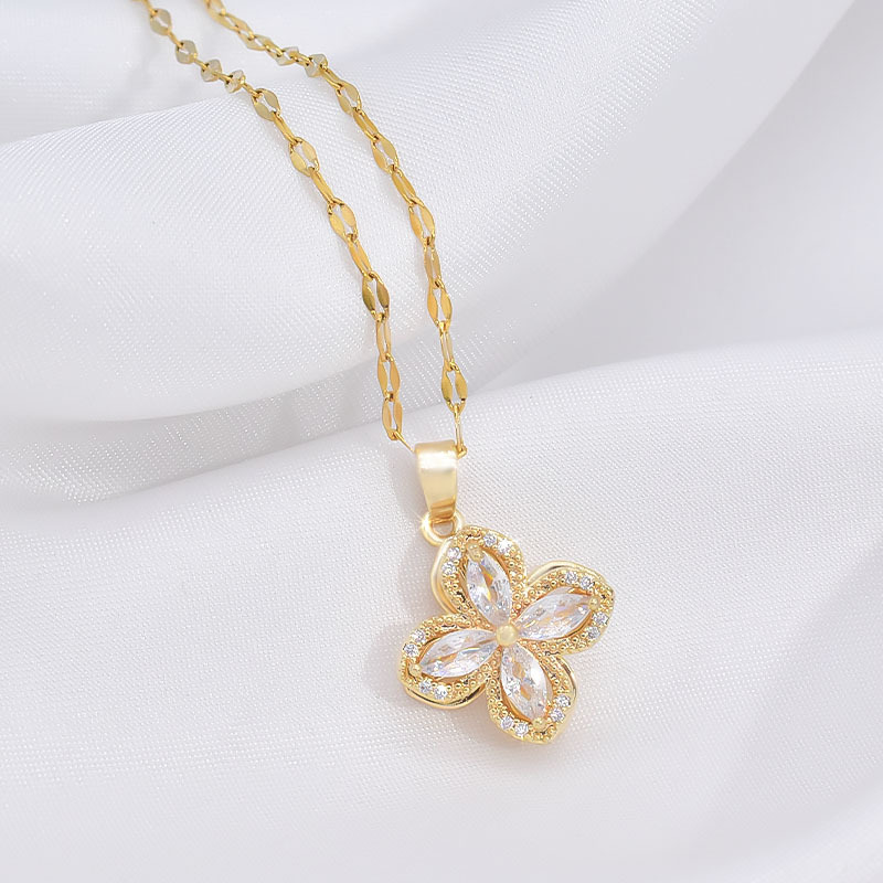 Stylish Rotatable Titanium Steel Four-Petal Flower Necklace with Zircon-Inlaid Ring Earrings for Women - Image 9