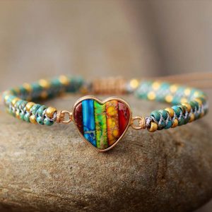 Charming Natural Emperor Stone Colorful Peach Heart Friendship Bracelet with Hand-woven Tassels