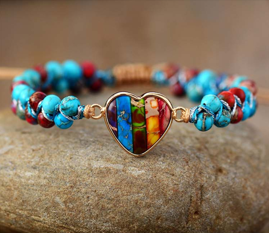 Charming Natural Emperor Stone Colorful Peach Heart Friendship Bracelet with Hand-woven Tassels - Image 3