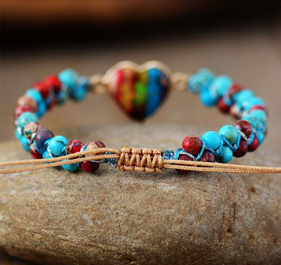 Charming Natural Emperor Stone Colorful Peach Heart Friendship Bracelet with Hand-woven Tassels - Image 5