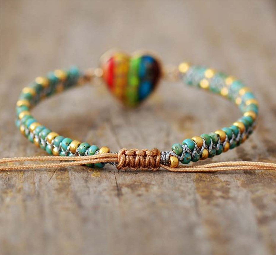 Charming Natural Emperor Stone Colorful Peach Heart Friendship Bracelet with Hand-woven Tassels - Image 6