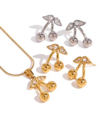 Charming Stainless Steel Cherry Necklace & Cute Earrings Set for Women - Image 3