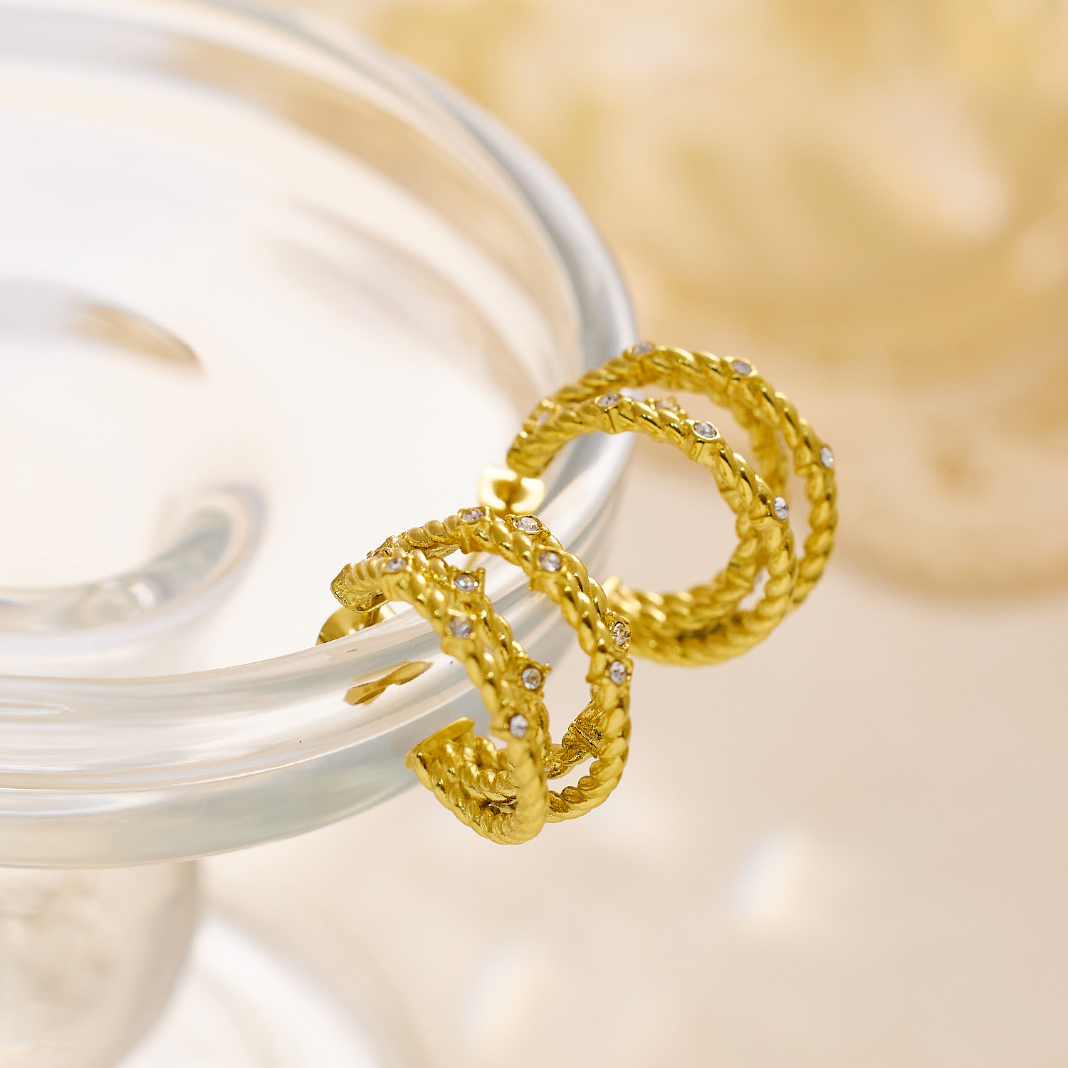 Elegant Stainless Steel Earrings with 18K Gold Plating & Diamond Accents - Image 2