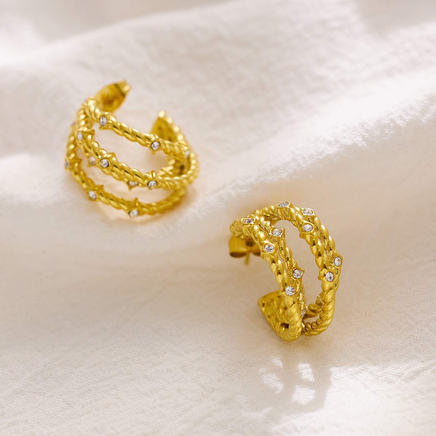 Elegant Stainless Steel Earrings with 18K Gold Plating & Diamond Accents - Image 3