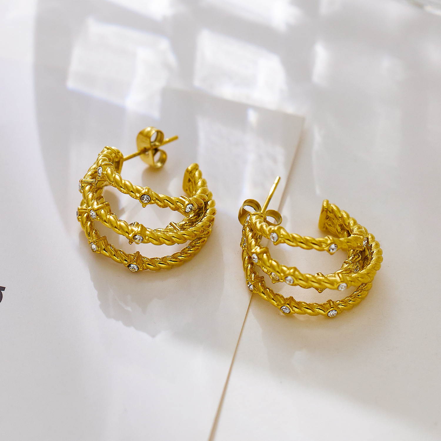 Elegant Stainless Steel Earrings with 18K Gold Plating & Diamond Accents - Image 4