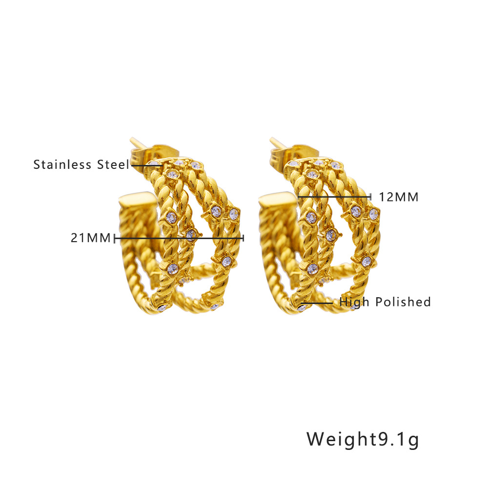Elegant Stainless Steel Earrings with 18K Gold Plating & Diamond Accents - Image 6