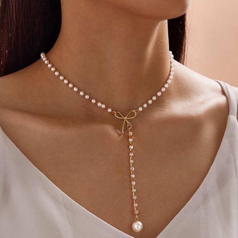 Elegant Bow Long Pearl Tassel Pendant Necklace - European & American Style