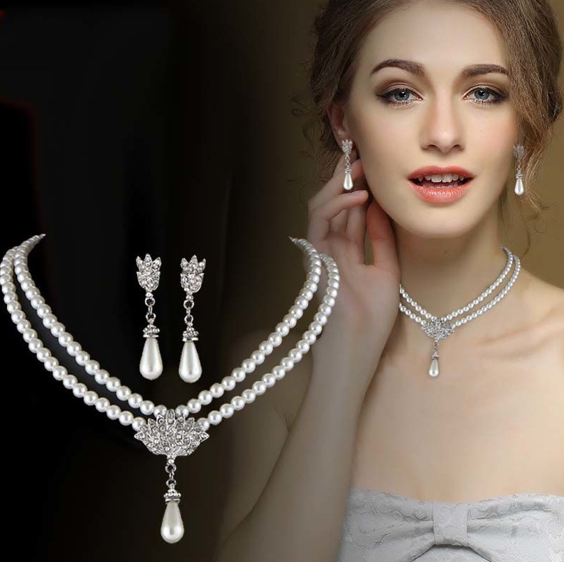 European and American Jewelry Set: Bride Pearl Crystal Short Collarbone Necklace & Earrings - Korean Style Elegance - Image 2