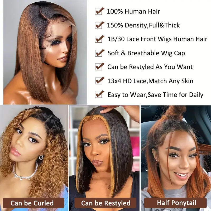 Wave Head Non-toxic Wig - Short Straight Human Hair, Glue-free 13x4 HD Lace Front Wig in Brown. - Image 3
