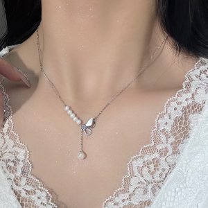 Elegant 925 Sterling Silver Fashion Necklace with Pearl Bow Design