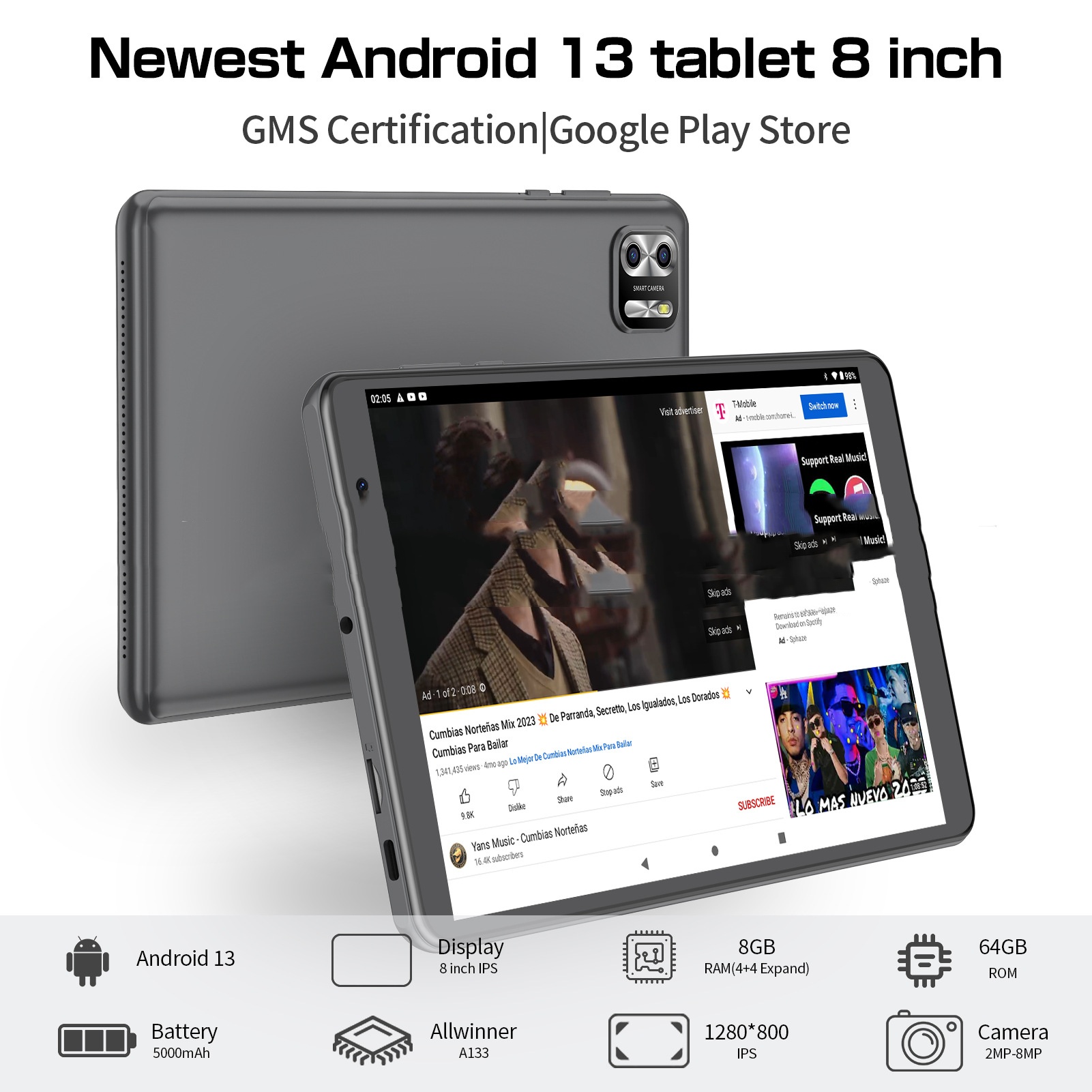 8-Inch Eight-Core Tablet PC with Android 13 & 64GB High-Capacity Storage