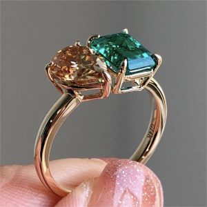 Elegant Double Main Stone Green Yellow Zircon Square Ring - Luxury Crystal Engagement & Wedding Ring for Women - Minimalist Gold Bands