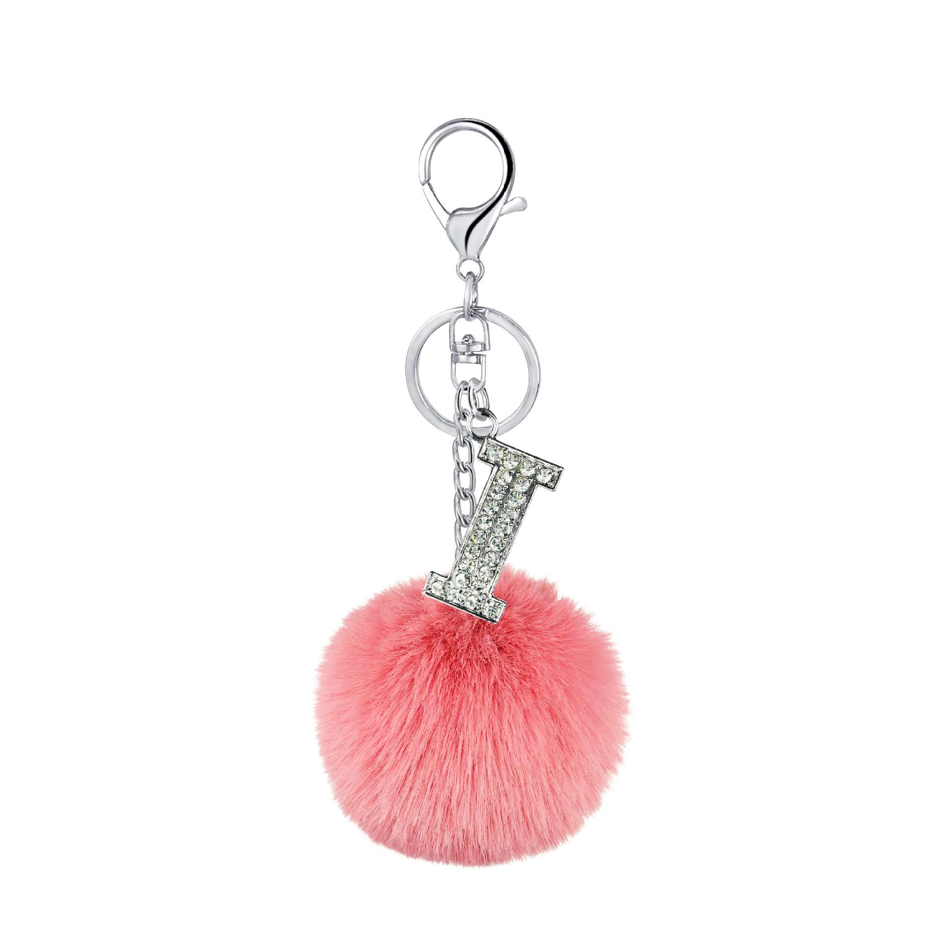26 Vibrant Colors Rex Rabbit Fur Ball Keychain with Diamond English Letters - Image 2