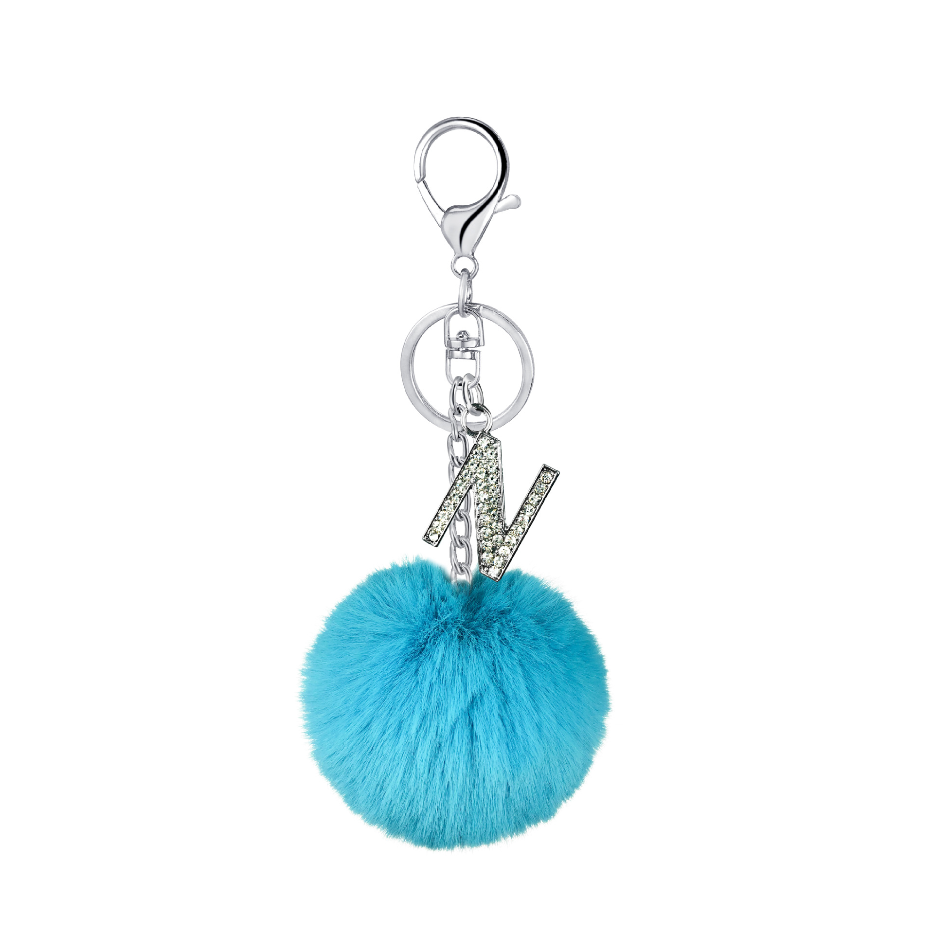 26 Vibrant Colors Rex Rabbit Fur Ball Keychain with Diamond English Letters - Image 7