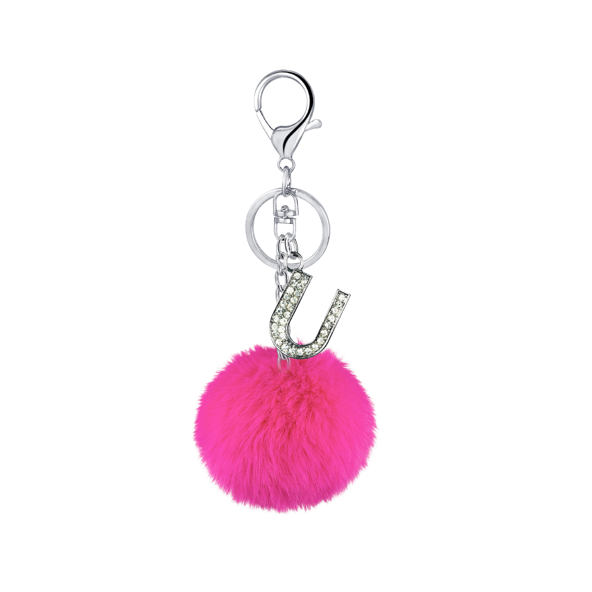 26 Vibrant Colors Rex Rabbit Fur Ball Keychain with Diamond English Letters - Image 13