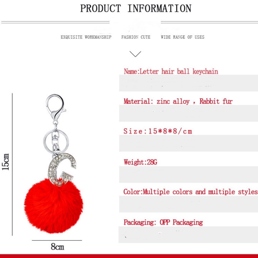 26 Vibrant Colors Rex Rabbit Fur Ball Keychain with Diamond English Letters - Image 19