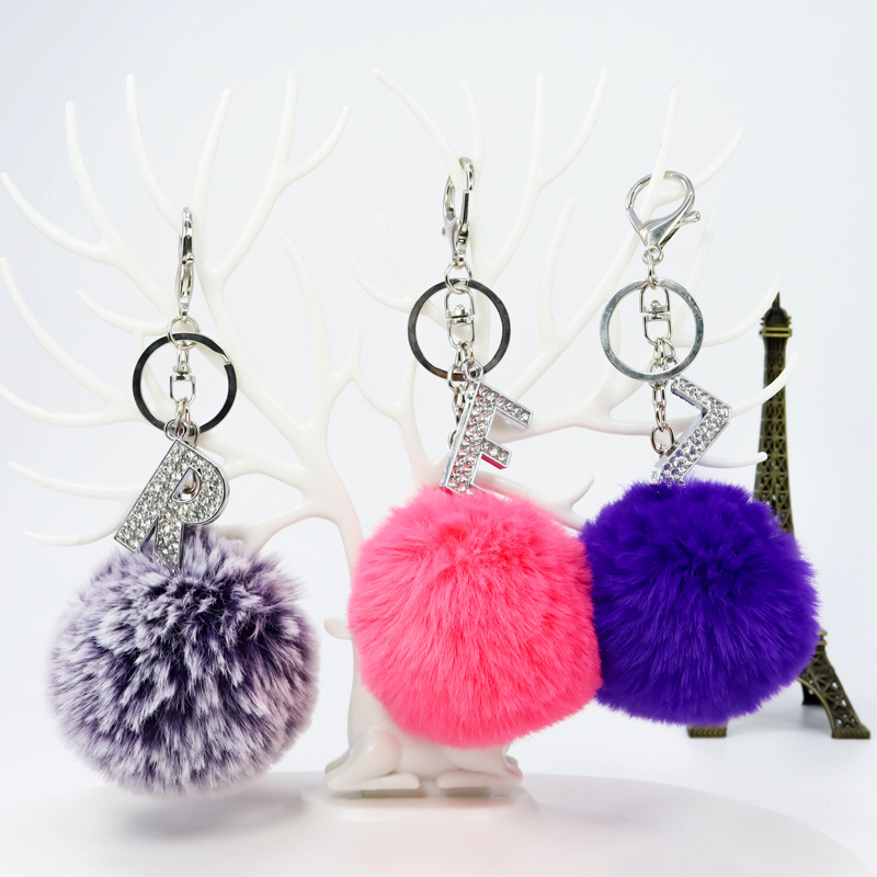 26 Vibrant Colors Rex Rabbit Fur Ball Keychain with Diamond English Letters - Image 20