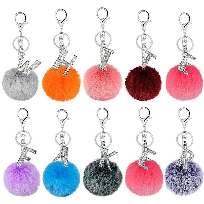26 Vibrant Colors Rex Rabbit Fur Ball Keychain with Diamond English Letters - Image 26