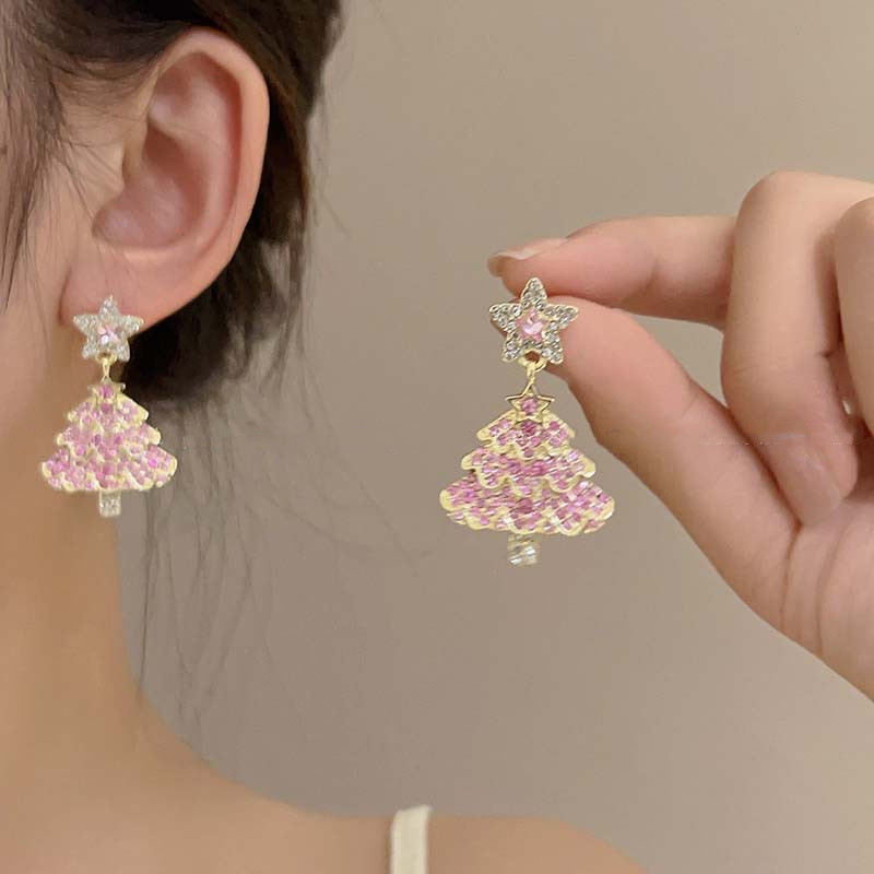 Elegant Christmas Tree Earrings for Women - Sparkling Zircon Dangle Jewelry for Holiday Parties