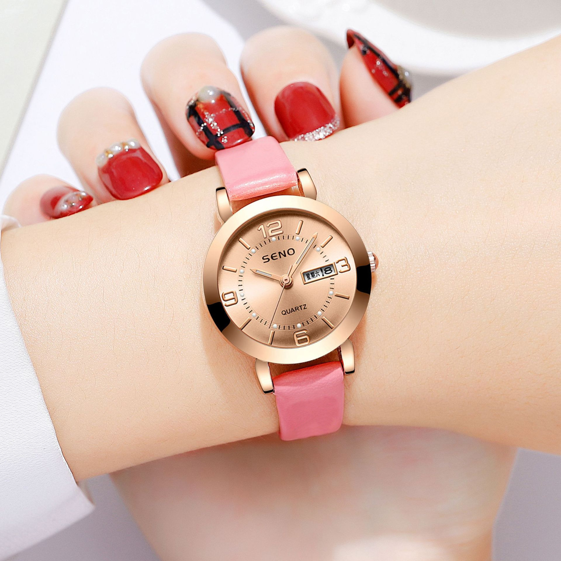 Waterproof Dual Calendar Women's Alloy Quartz Watch with Night Light Feature