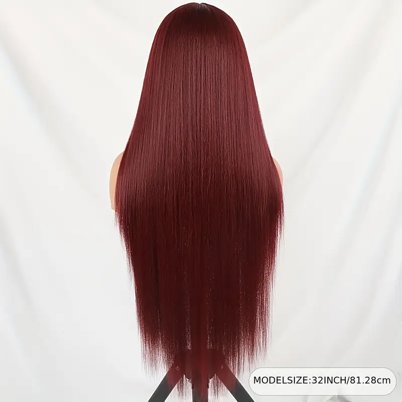High-Temperature Resistant Burgundy Long Straight Lace Wig - Non-Toxic, Pre-Designed Hairline, Non-Adhesive, Heat-Resistant Synthetic Fiber