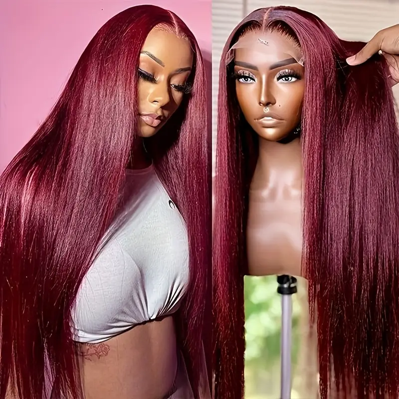 High-Temperature Resistant Burgundy Long Straight Lace Wig - Non-Toxic, Pre-Designed Hairline, Non-Adhesive, Heat-Resistant Synthetic Fiber - Image 2