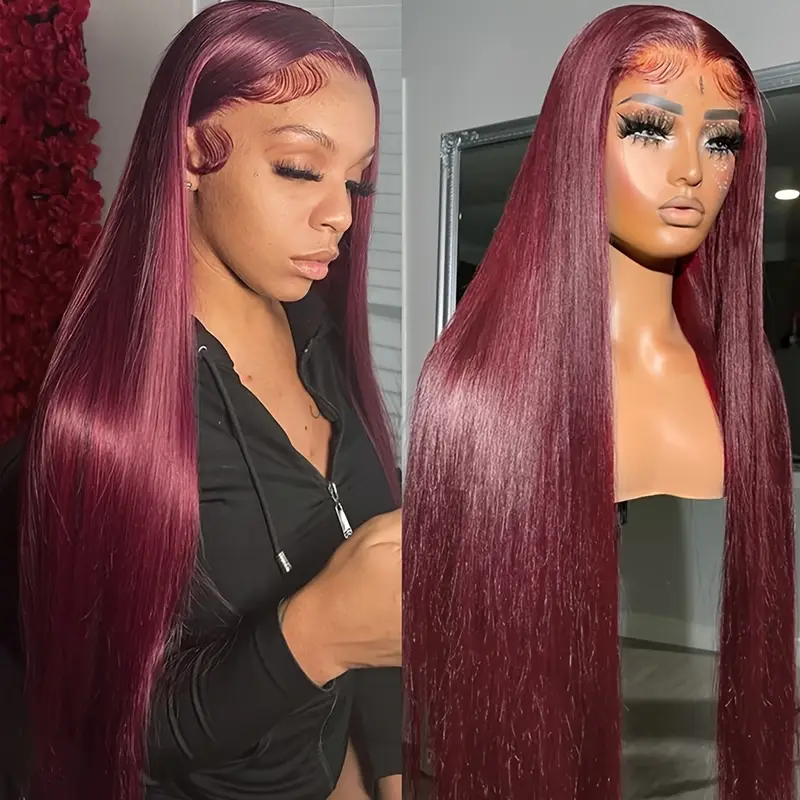 High-Temperature Resistant Burgundy Long Straight Lace Wig - Non-Toxic, Pre-Designed Hairline, Non-Adhesive, Heat-Resistant Synthetic Fiber - Image 4