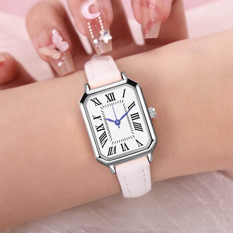 Stylish Roman Women's Quartz Watch with Artistic Silver Case and Thin Strap