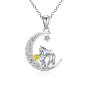 Sterling Silver Highland Cow Necklace with Sunflower Pendant - Perfect Cow Jewelry Gifts for Women and Girls Who Love Cows
