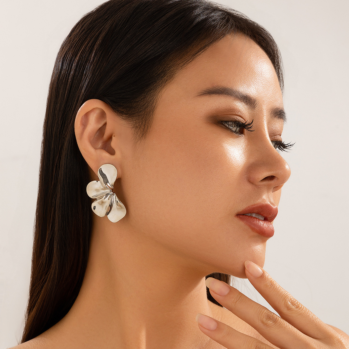 Vintage Double Layer Five Petal Flower Earrings with Striped Leaves - Image 3