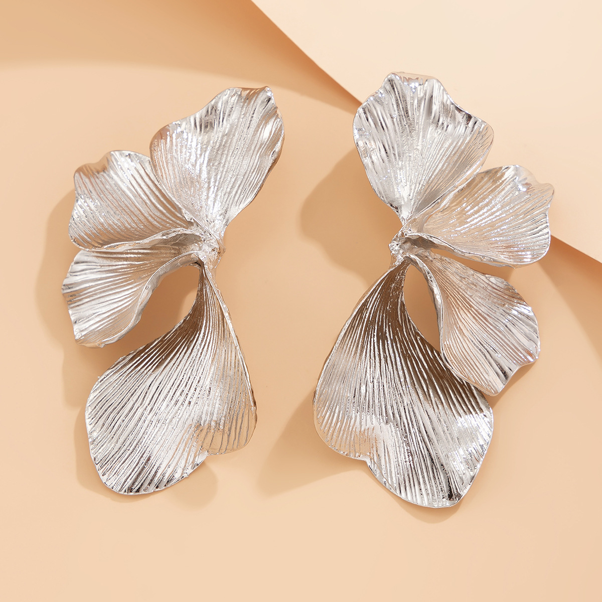 Vintage Double Layer Five Petal Flower Earrings with Striped Leaves - Image 9