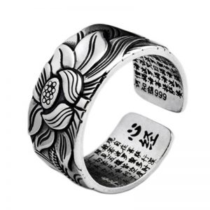 Vintage-Inspired Buddhism Jewelry: Real Silver Plated Prajna Paramita Heart Sutra Lotus Ring