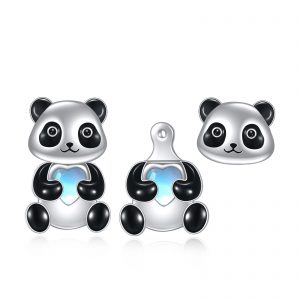 Sterling Silver Panda Stud Earrings with Front Back Ear Jacket Design