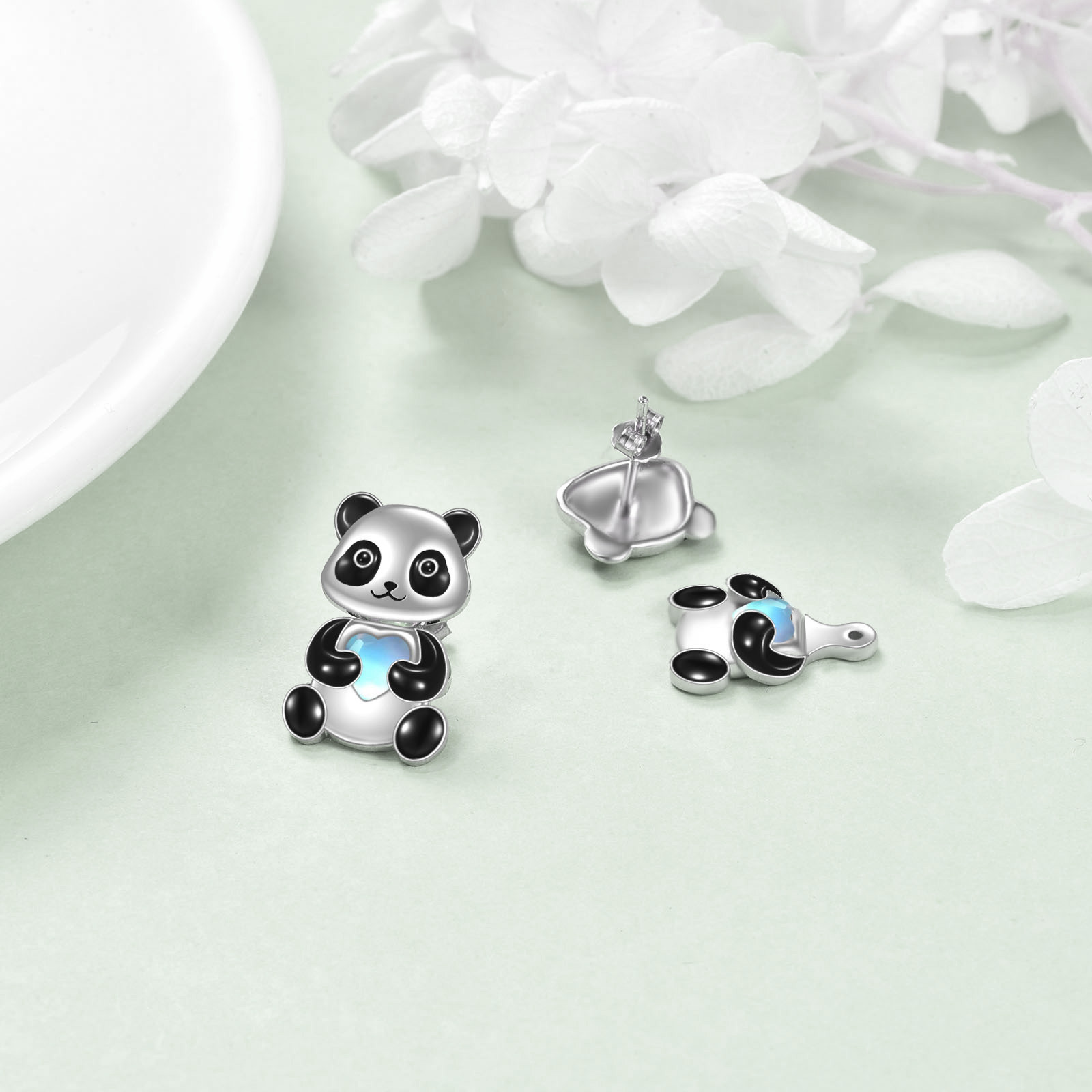 Sterling Silver Panda Stud Earrings with Front Back Ear Jacket Design - Image 3