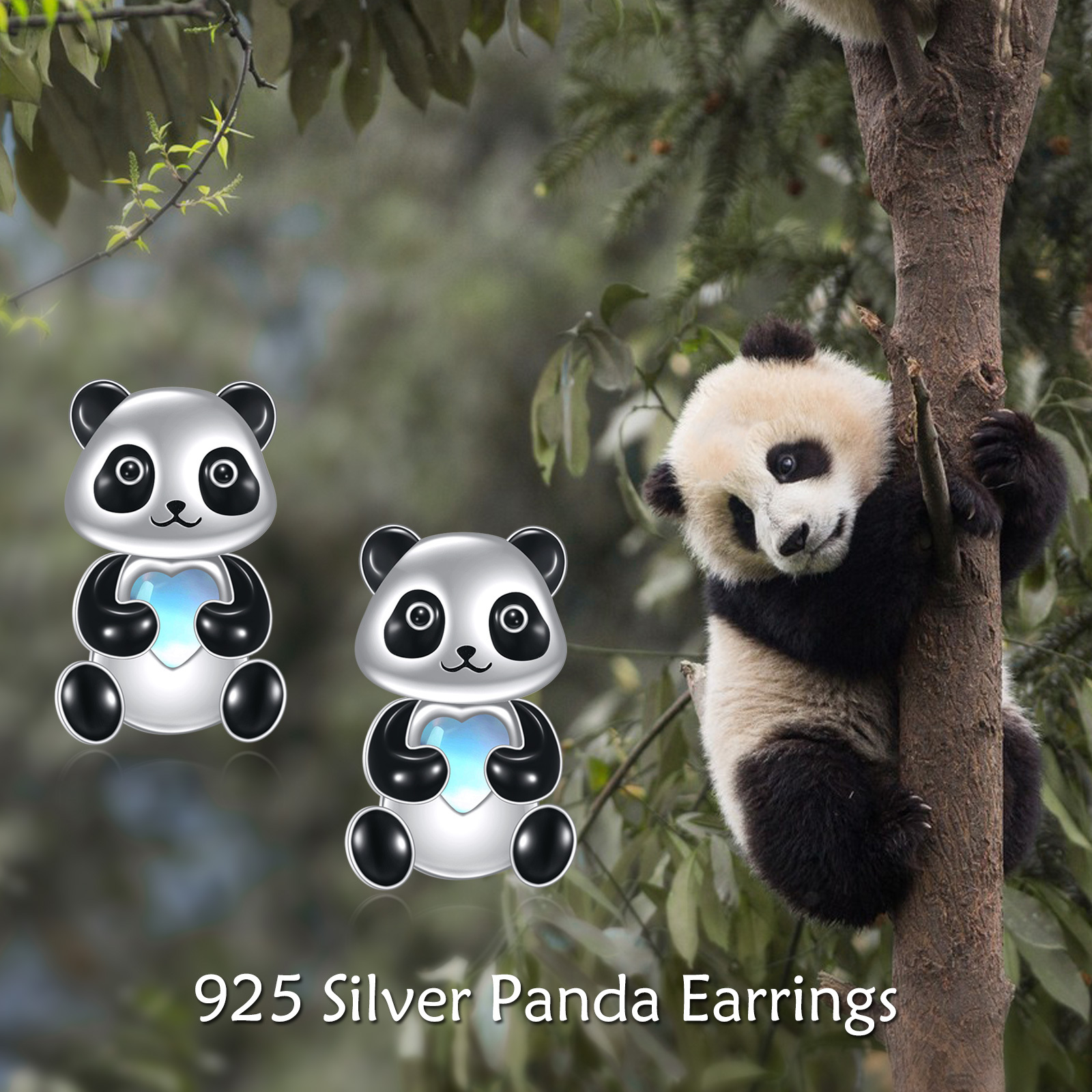 Sterling Silver Panda Stud Earrings with Front Back Ear Jacket Design - Image 6