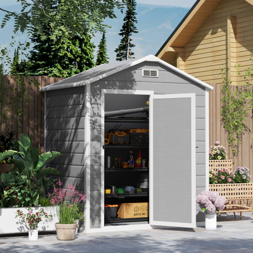 Outsunny 6 X 4ft Grey Outdoor Shed with Foundation, Lockable Door, Vents & Windows - Durable Plastic Tool Storage Solution