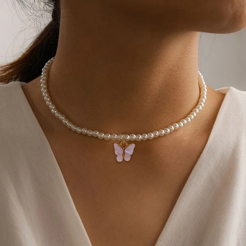 Charming White Pearl Choker Necklace with Small Round Pearls & Butterfly Design for Women - Elegant Wedding Fashion Jewelry - Image 3