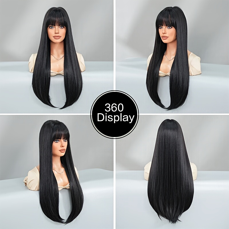 Chic 26-Inch Synthetic Wig with Straight Heat-Resistant Black Hair, Non-Toxic Design, Bangs & Rose Net Cap - Perfect for Any Occasion