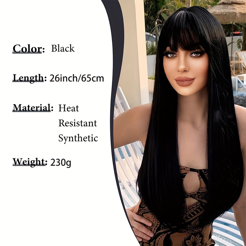 Chic 26-Inch Synthetic Wig with Straight Heat-Resistant Black Hair, Non-Toxic Design, Bangs & Rose Net Cap - Perfect for Any Occasion - Image 3