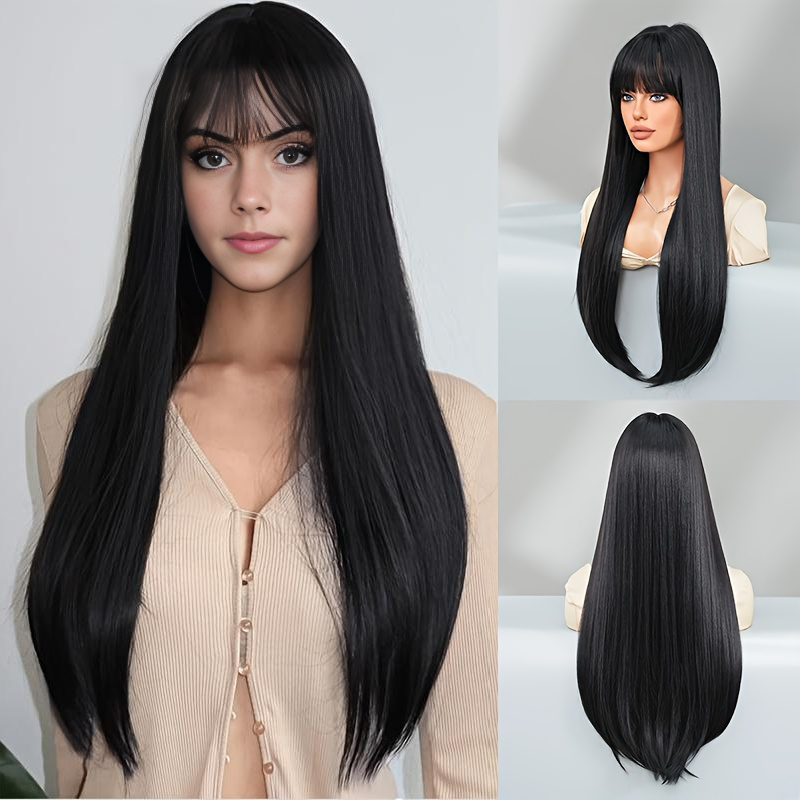 Chic 26-Inch Synthetic Wig with Straight Heat-Resistant Black Hair, Non-Toxic Design, Bangs & Rose Net Cap - Perfect for Any Occasion - Image 5